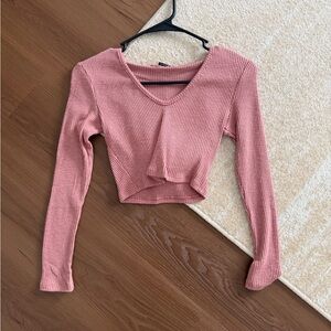 Fashion Nova Pink Ribbed V-Neck Crop Top